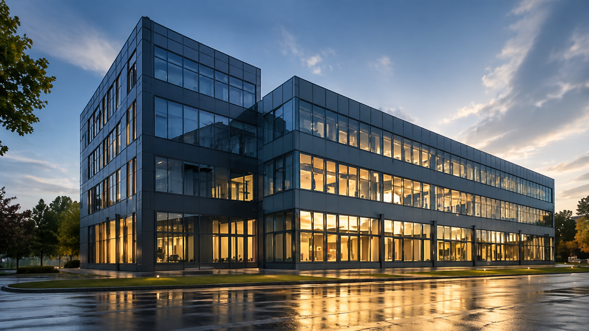 Immeuble de bureaux moderne éclairé en façade